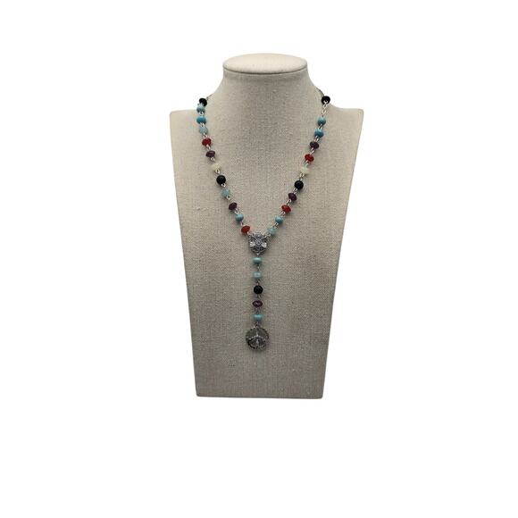 Boho Blue and Red Beaded Peace Sign Y Necklace - Picture 7 of 7